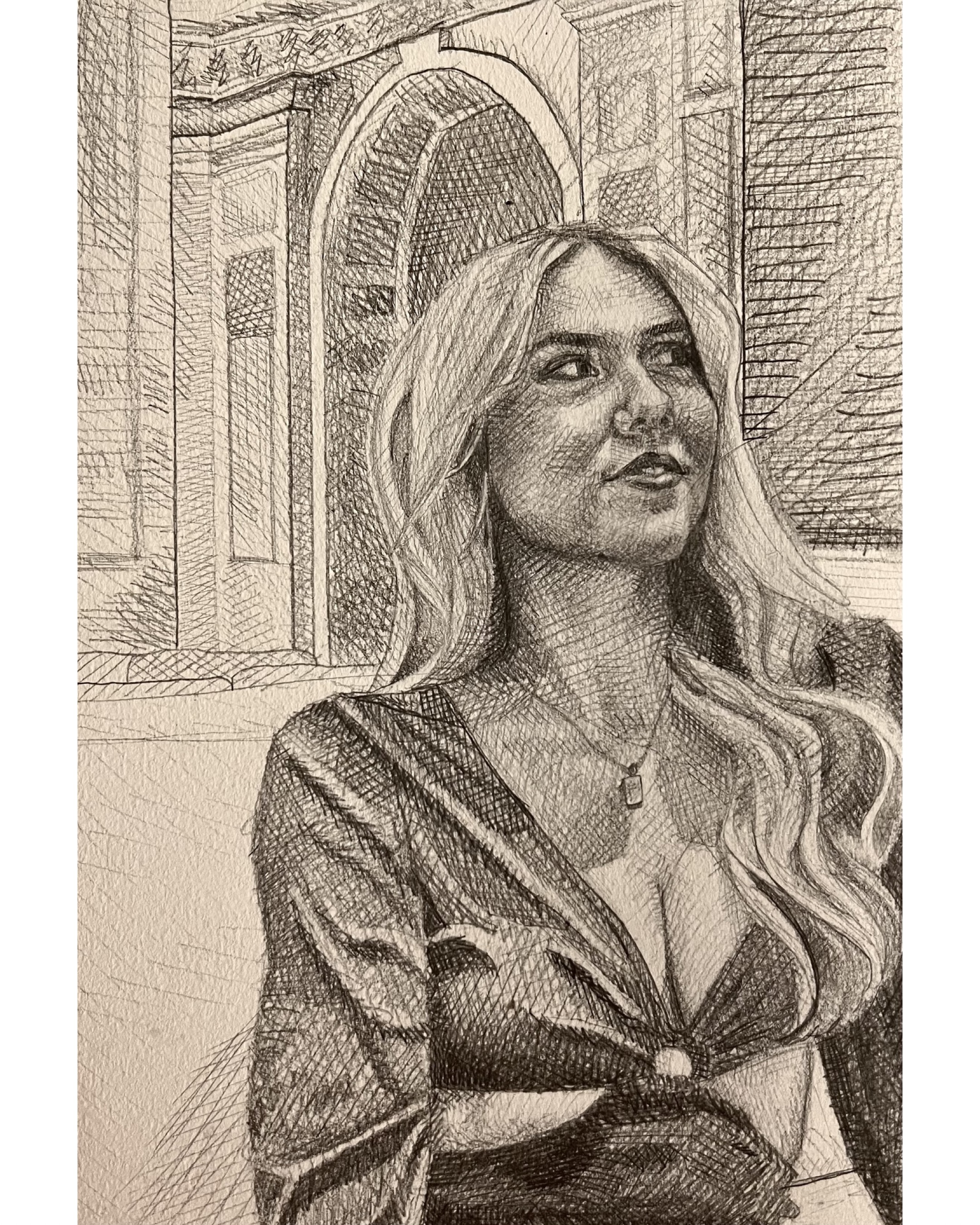 A cross-hatched pen portrait of a woman with long blonde hair in front of an arched doorway
