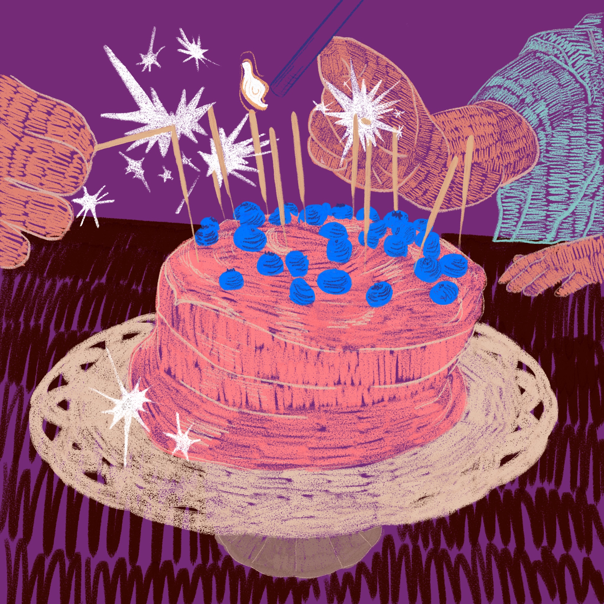 A digital illustration of hands lighting sparklers on a pink cake topped with blueberries, against purple