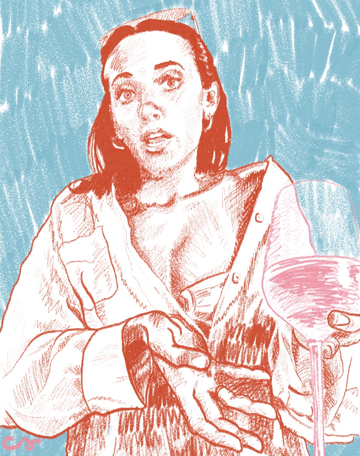 Caroline’s Glass: a red line portrait of a woman with sunglasses pushed into her hair, holding a pink wine glass against a blue crayon background