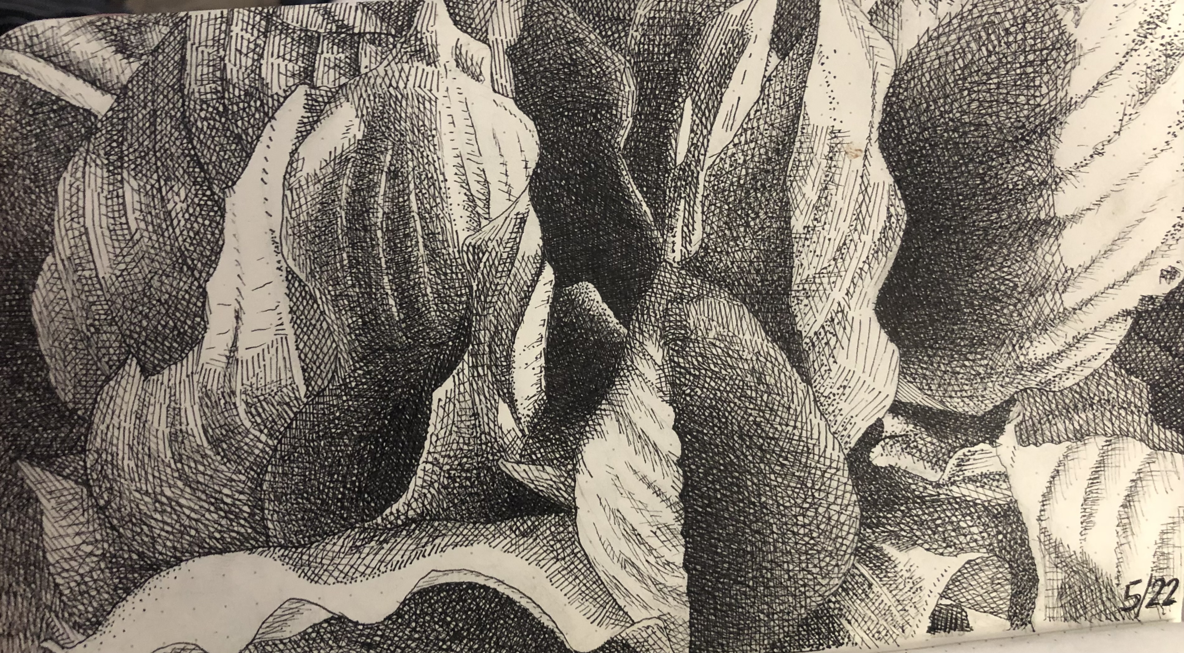 A dense cross-hatched and stippled ink study of folded fabric forms
