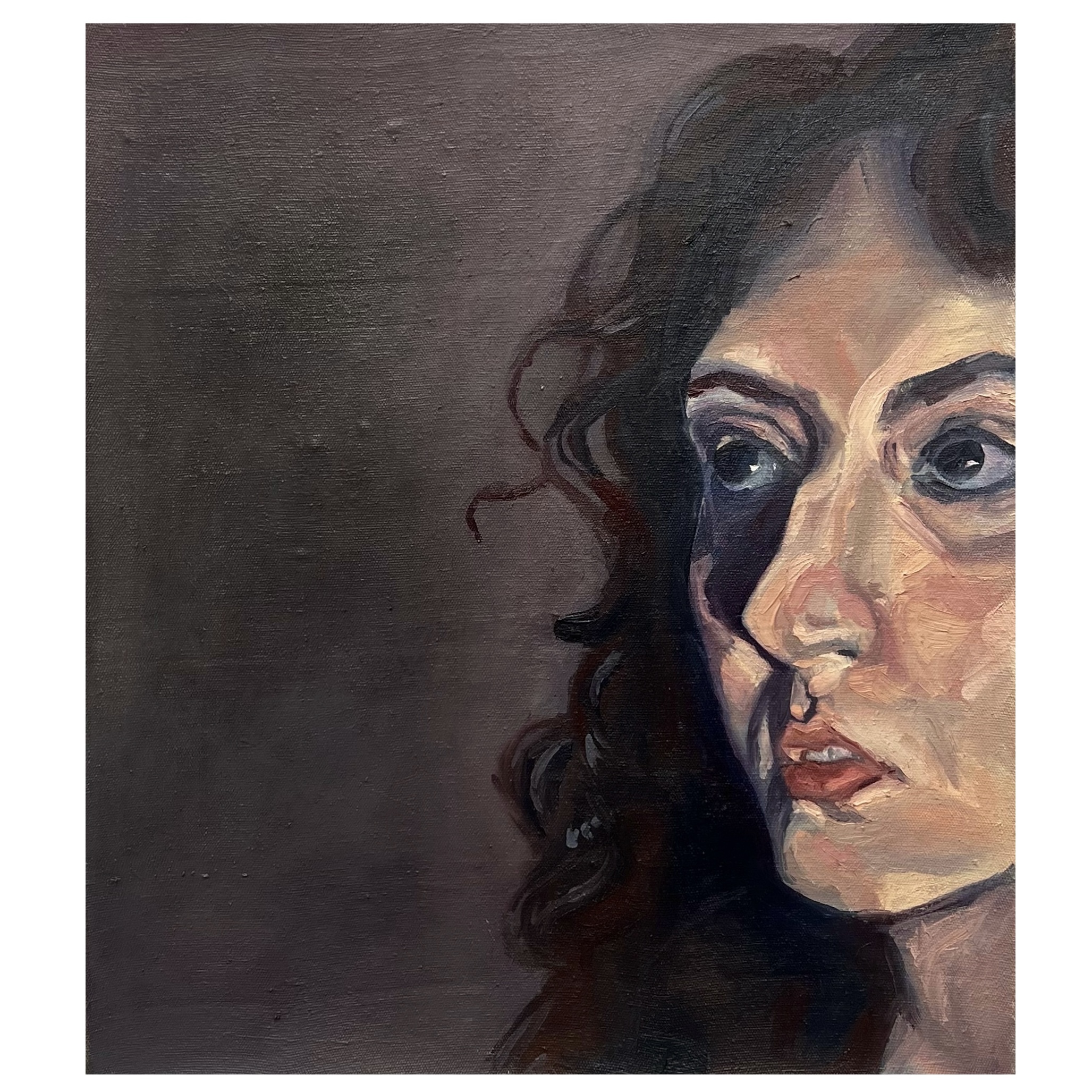 An oil portrait of a woman with dark curls, her face half in shadow at the right edge of the canvas