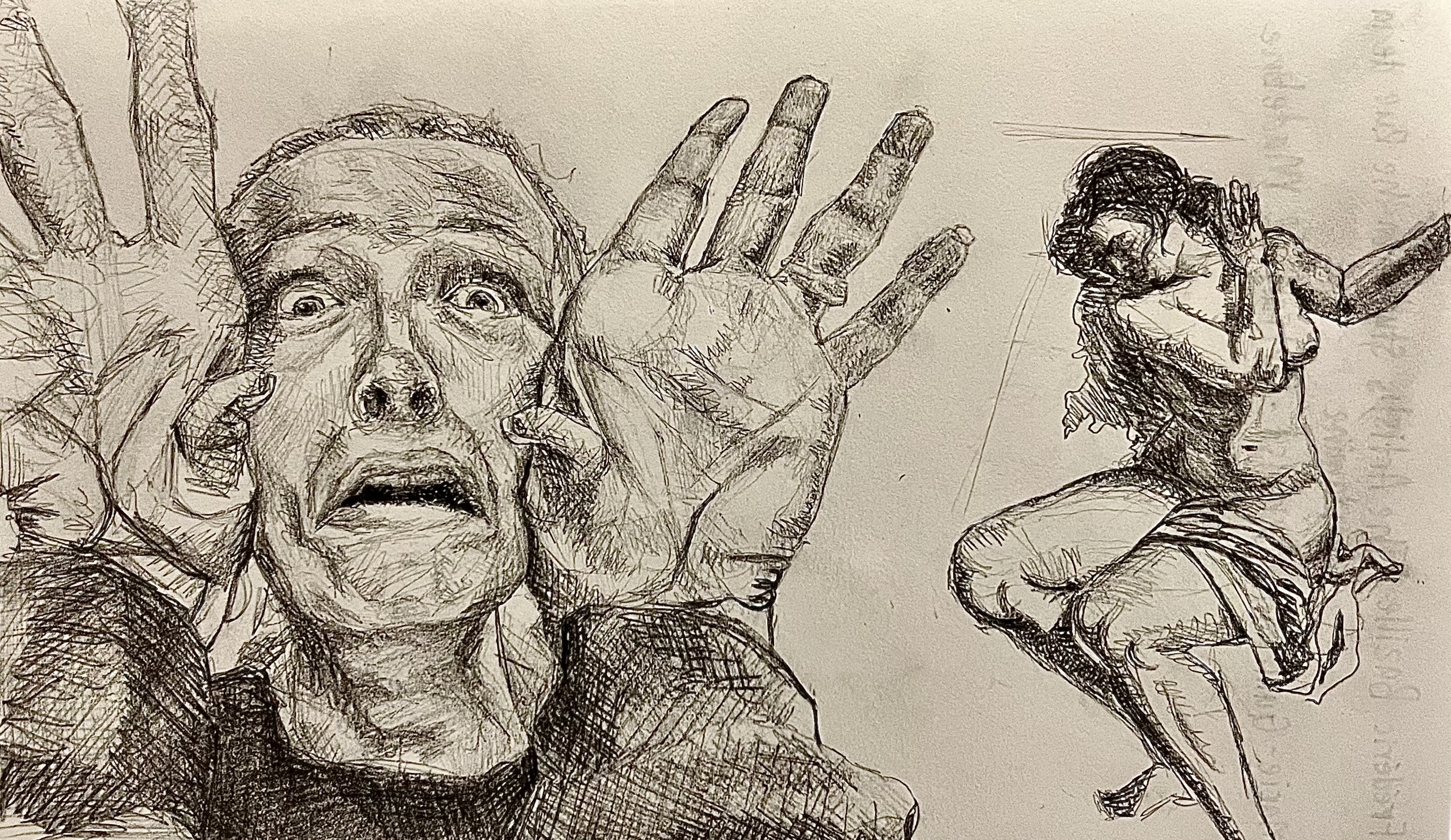 A graphite drawing of a startled face framed by raised hands, beside a crouching figure