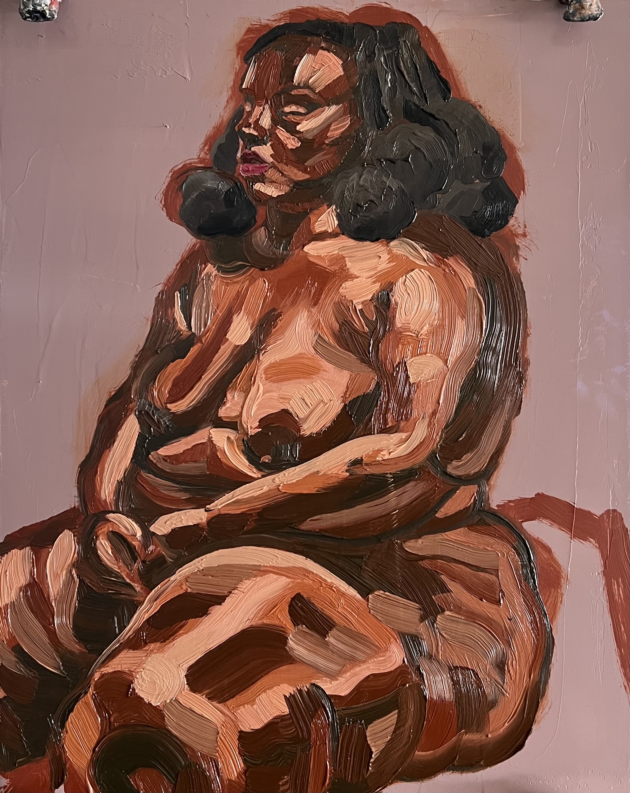 A loose oil figure painting of a seated woman in warm browns against a mauve background