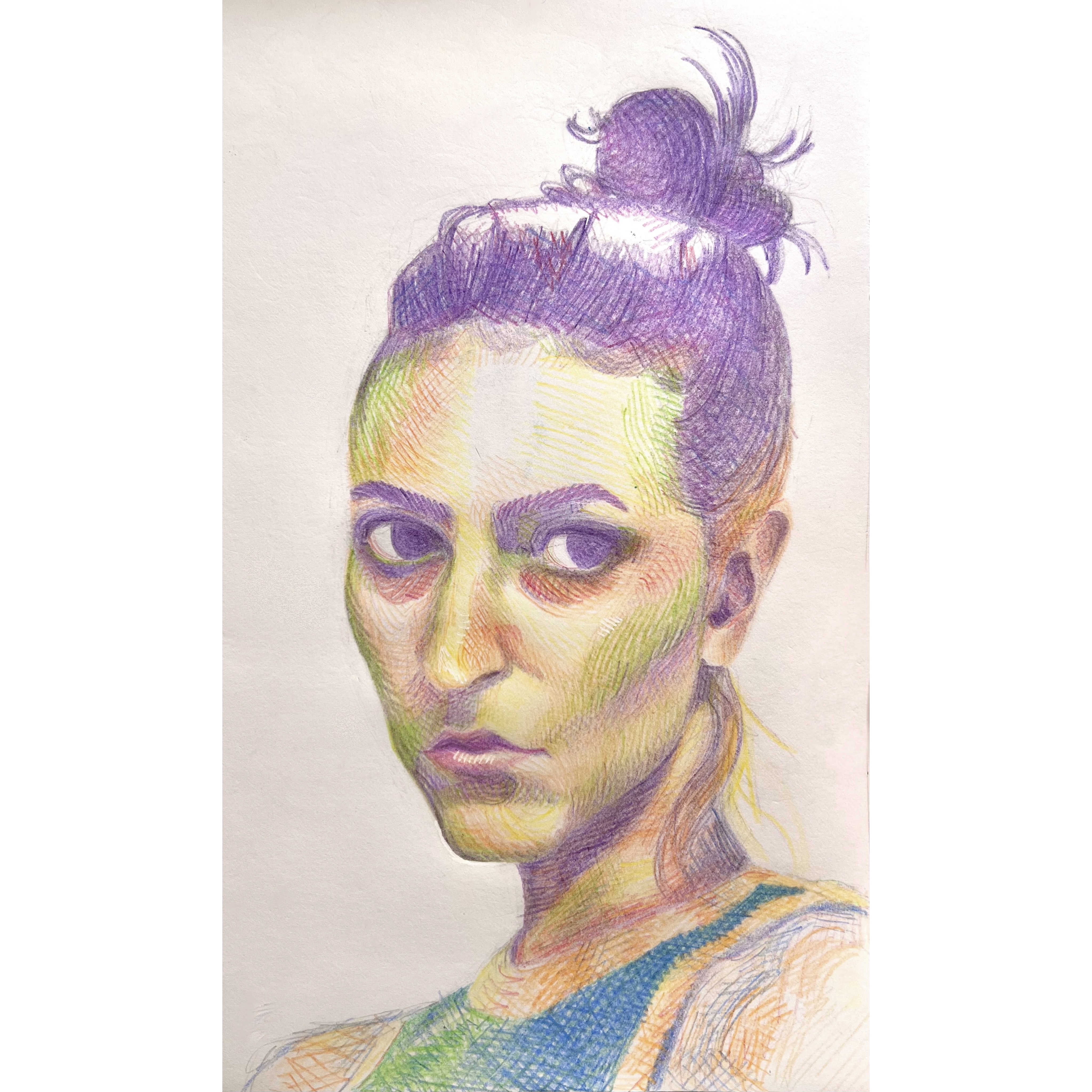 A cross-hatched colored pencil portrait in violet, green, and orange of a woman with her hair in a top bun