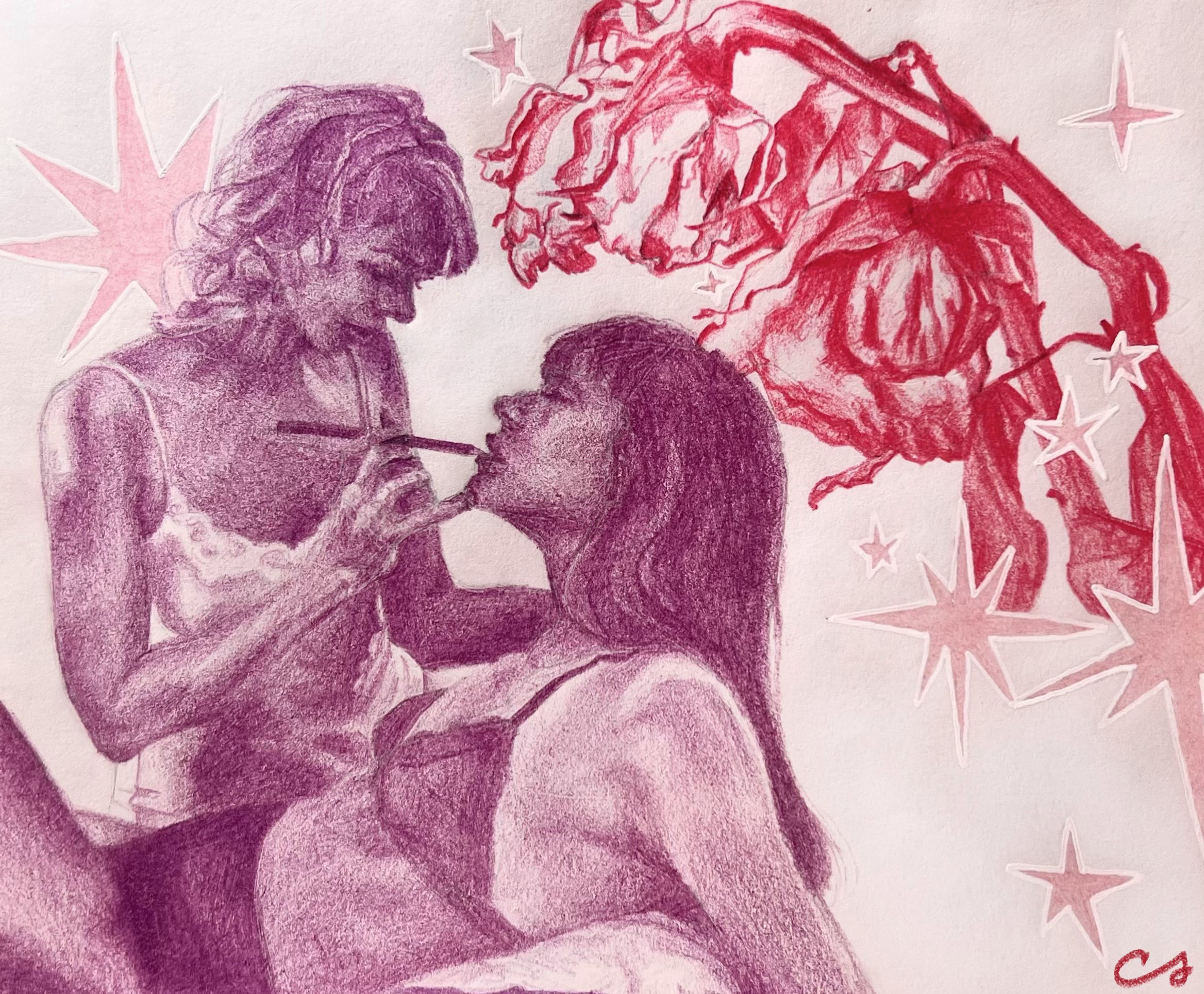 We Existed Once: a purple and red colored pencil drawing of two women sharing a cigarette beneath wilting roses and pink stars