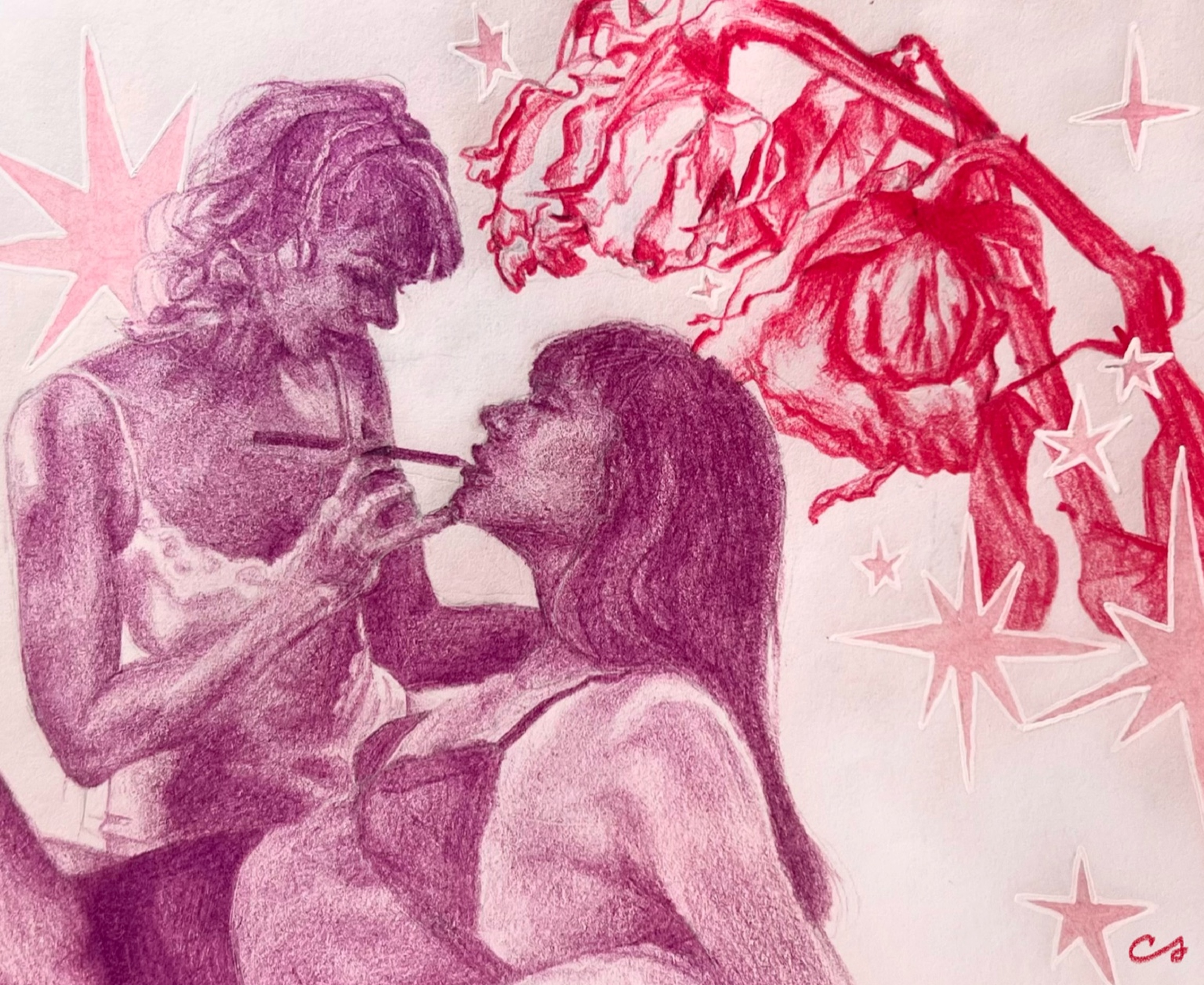 We Existed Once, a colored pencil drawing by Campbell Savage of two women sharing a cigarette beneath wilting red roses and pink stars